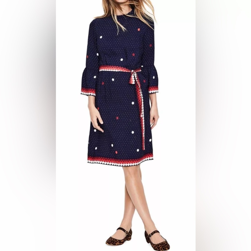 BODEN Navy Armelle Red white blue dress with 3/4 sleeve and belted